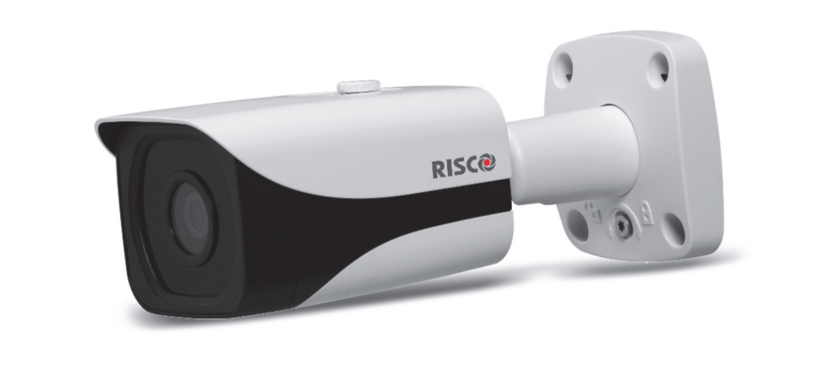 White RISCO security camera with black lens and mount.