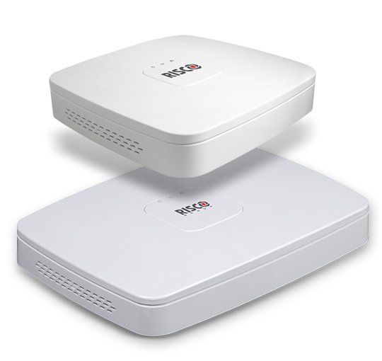 Two white security DVRs, one on top of the other, with ventilation slits. RISCO logo is visible.