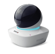 White and black security camera with blue light, RISCO brand logo.