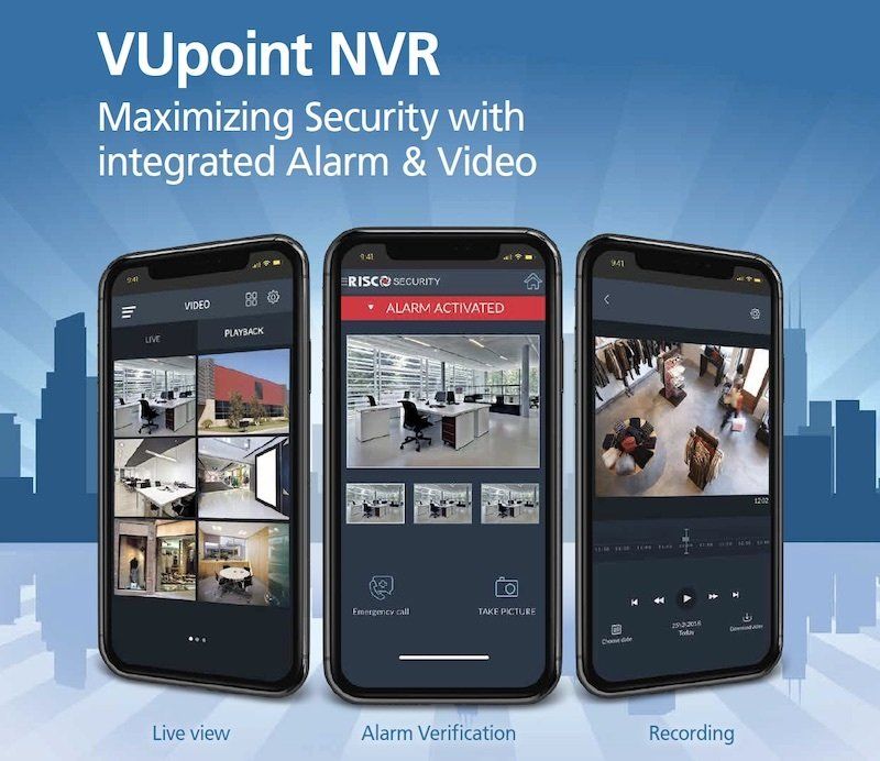 VUpoint NVR security system, showing live view, alarm verification, and recording on three mobile phones.