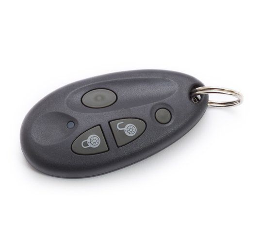 Gray car key fob with four buttons and a key ring.