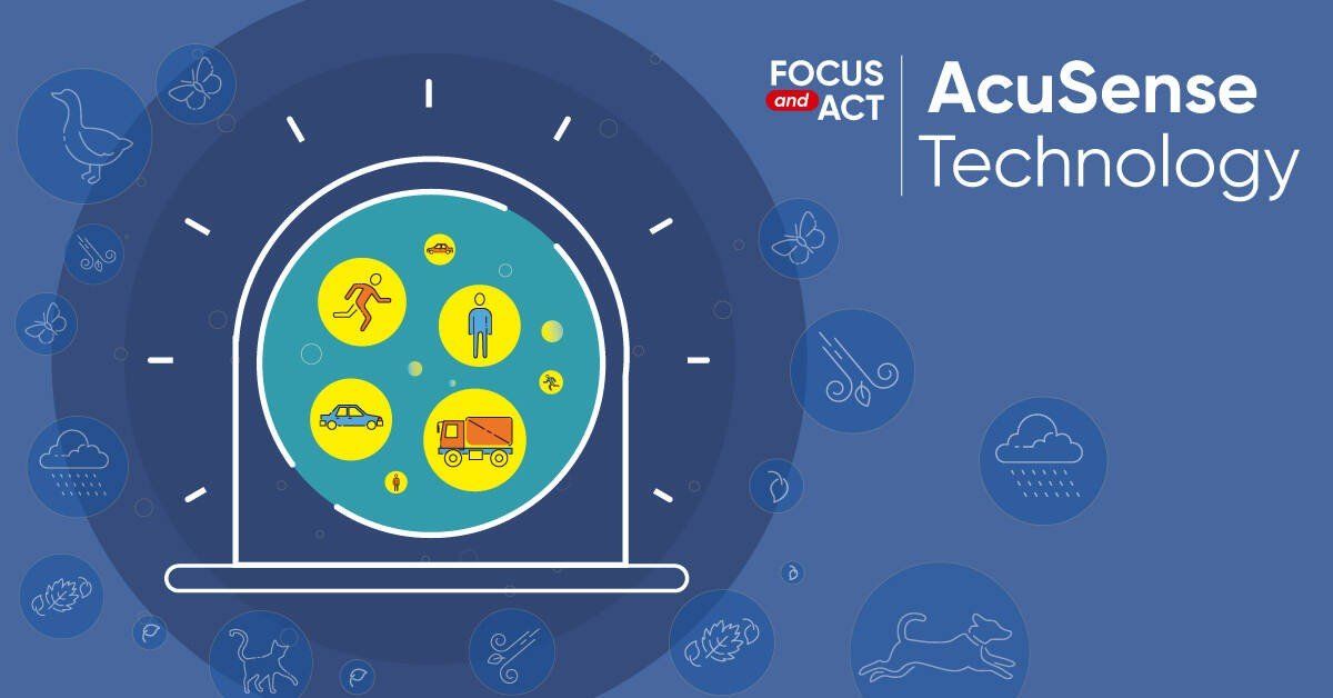 AcuSense Technology illustration. A glowing dome with icons for person, car, truck, blue background with white shapes.