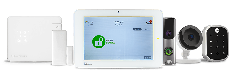 Security system components: control panel, door sensor, door lock, doorbell camera, indoor camera, and keypad.