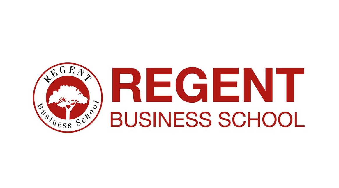 The logo for regent business school is red and white.