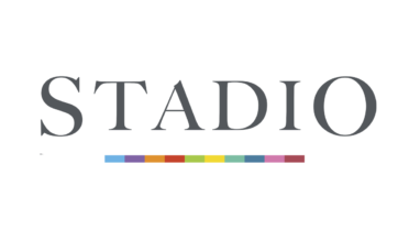 The word stadio is on a white background with a rainbow stripe.