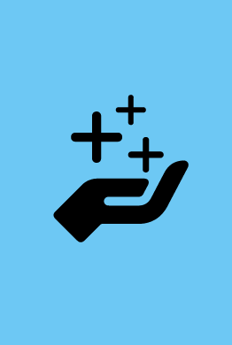 A hand holding three plus signs on a blue background.