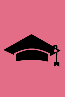 A black graduation cap with a tassel on a pink background