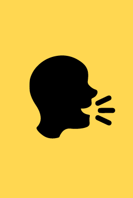 A silhouette of a person talking on a yellow background.