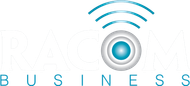 A blue and white logo for a business with a circle in the middle.