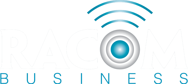 A blue and white logo for a business with a circle in the middle.