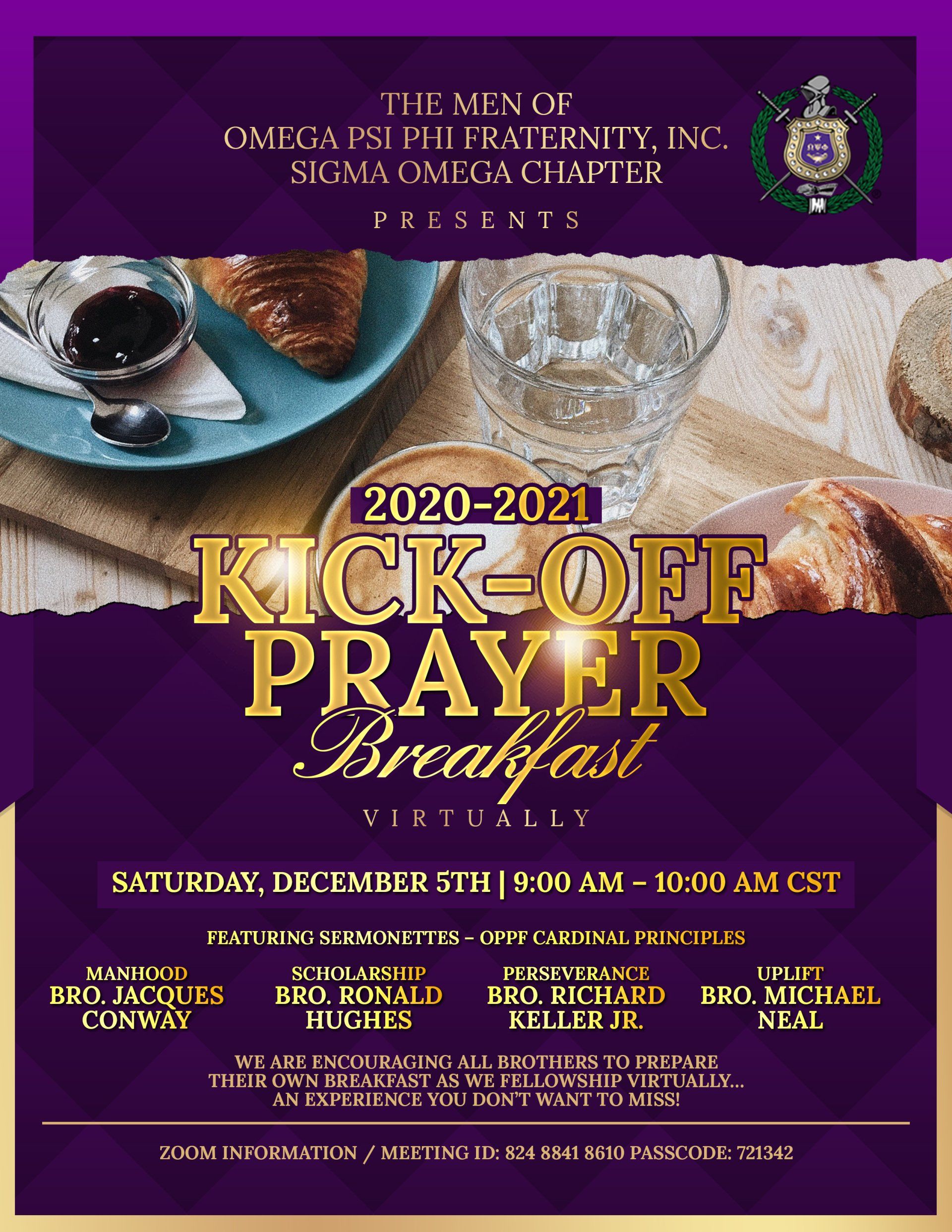 A purple poster for a kick off prayer breakfast virtually.