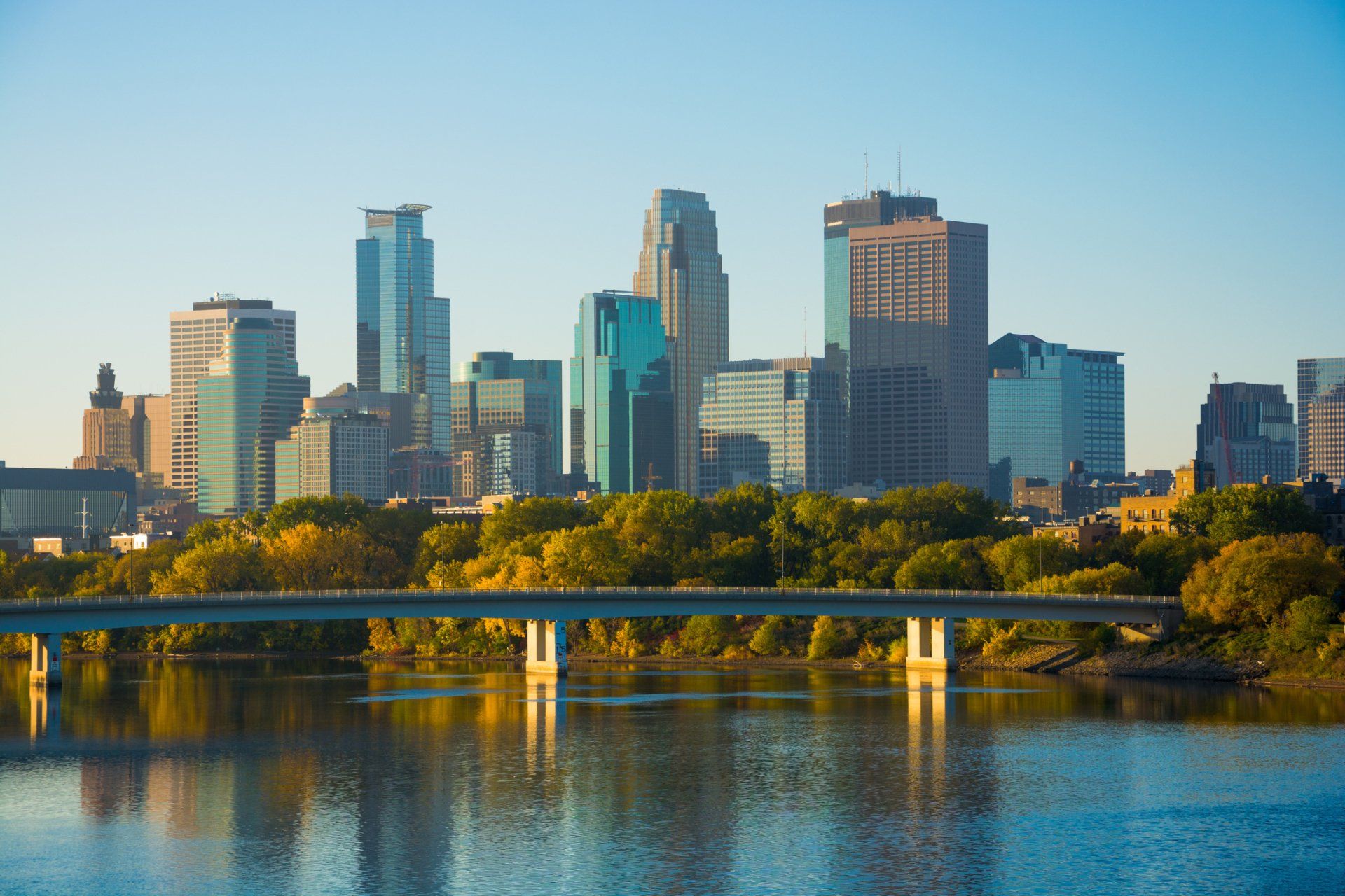 Minneapolis downtown and Mississippi River at early morning