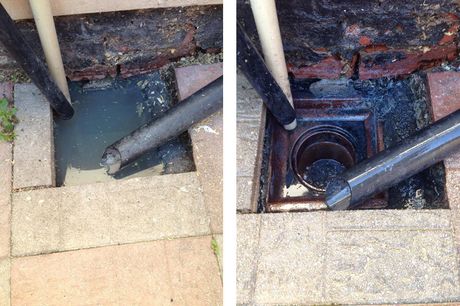 Before and after images of drain and gutter cleaning in Fleetwood