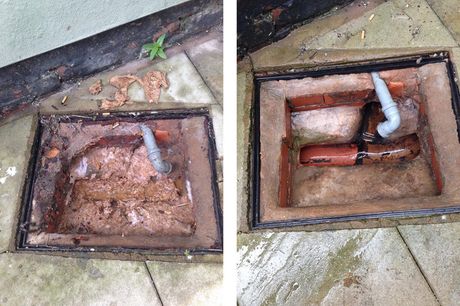 View of the drain before and after unblocking and cleaning