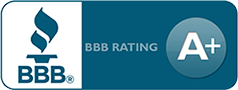 A blue and white bbb rating a+ button