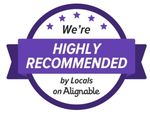 A purple badge that says we 're highly recommended by locals on alignable