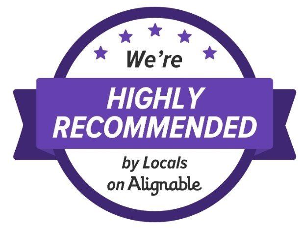 A purple badge that says we 're highly recommended by locals on alignable