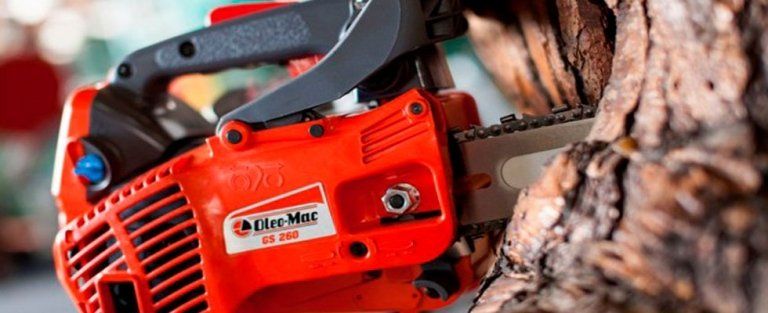 Motosega arancione che taglia il tronco di un albero marrone.