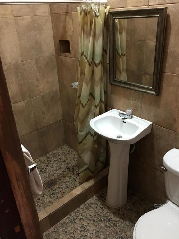 Baño pequeño con ducha de cristal, lavabo con pedestal, espejo, inodoro y cortina de ducha estampada.