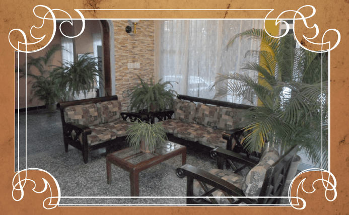 Acogedor patio interior con bancos de madera, plantas en macetas y cortinas transparentes detrás de un borde decorativo.