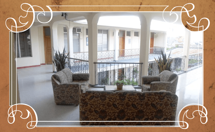 Vestíbulo decorativo al estilo de un hotel, con sillas estampadas, plantas y un balcón con vistas a un patio.