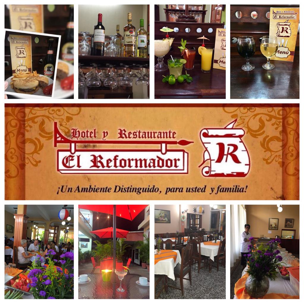 Collage de imágenes del interior del restaurante El Reformador, sus bebidas, comida y terraza