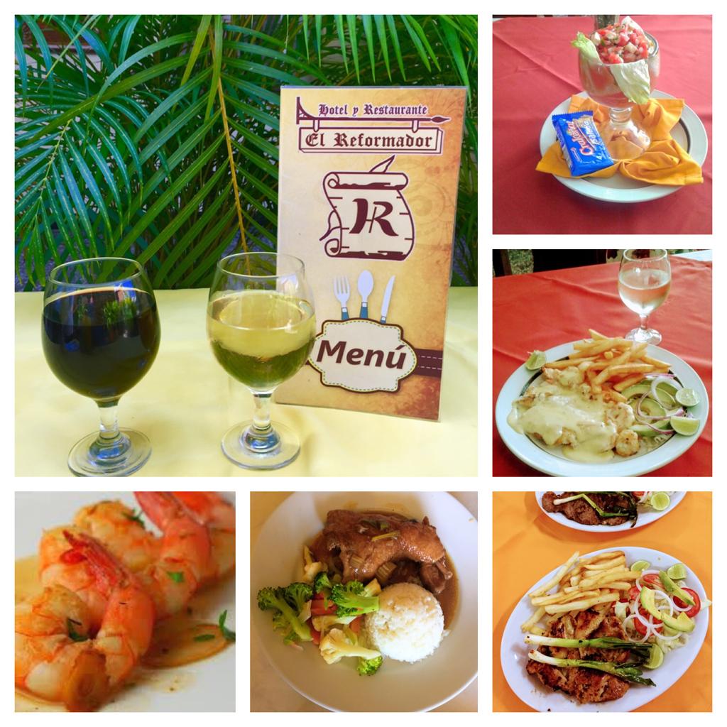 Collage de comida de restaurante con vino, pan, pasta, camarones, papas fritas y platos emplatados sobre un mantel rojo.