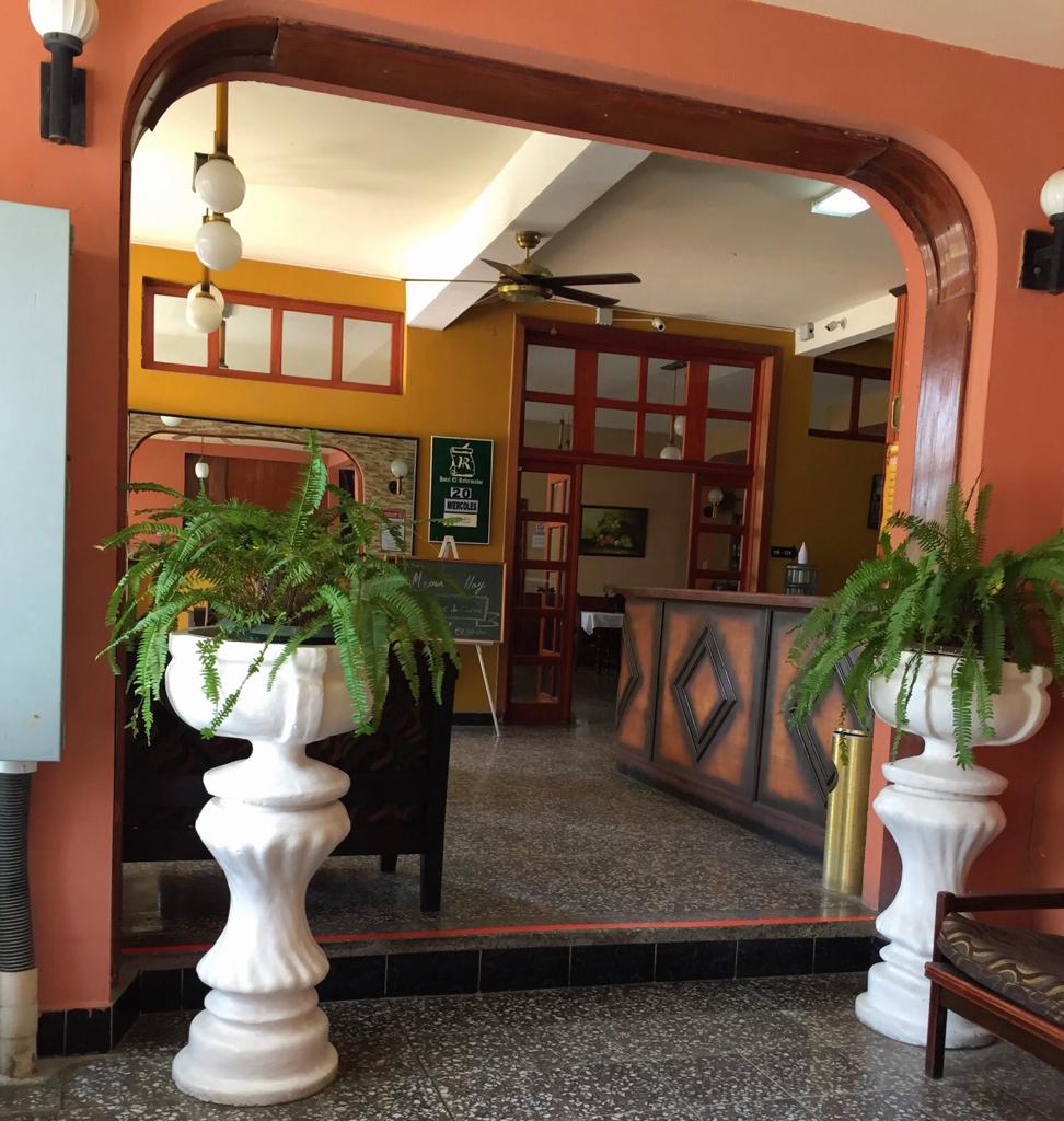 Vestíbulo del hotel con mostrador de recepción de madera, plantas en macetas y una gran puerta arqueada.
