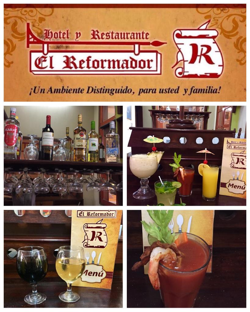 Collage del letrero del hotel-restaurante El Reformador y coloridos cócteles en un bar.