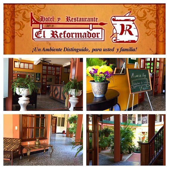 Collage de la entrada y el interior del restaurante El Reformador, con plantas, decoración de madera e iluminación cálida.