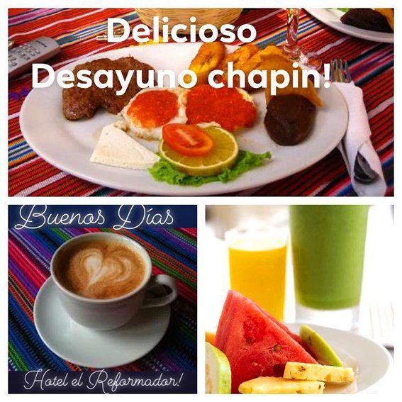 Collage de platos de desayuno: café, zumo, fruta, bollería y un desayuno chapín emplatado.