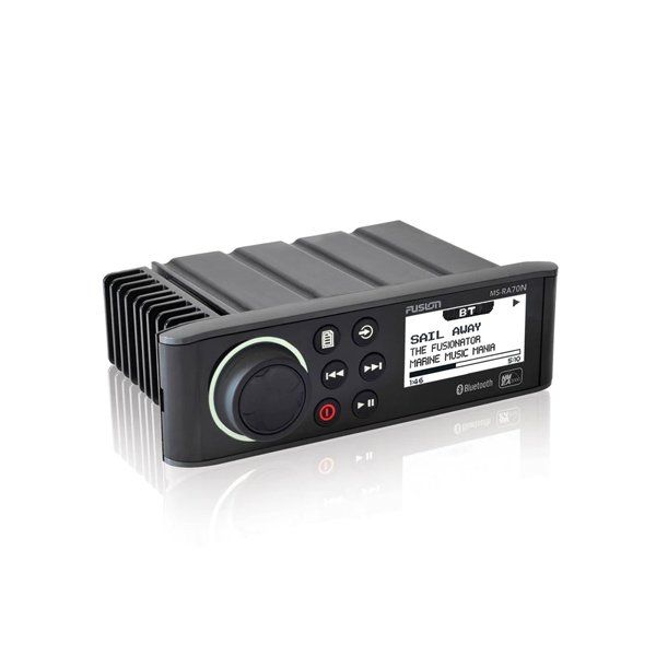 A black radio with a screen on it is sitting on a white surface.