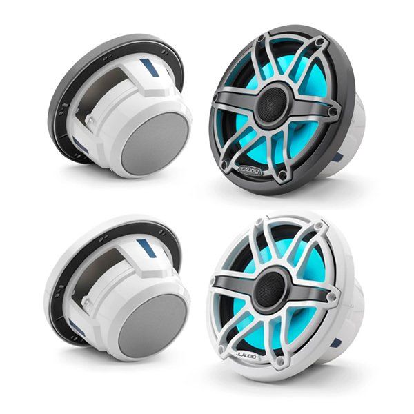 Four different types of speakers are shown on a white background