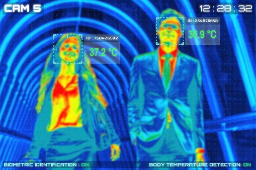 A man and a woman are being monitored by a thermal camera