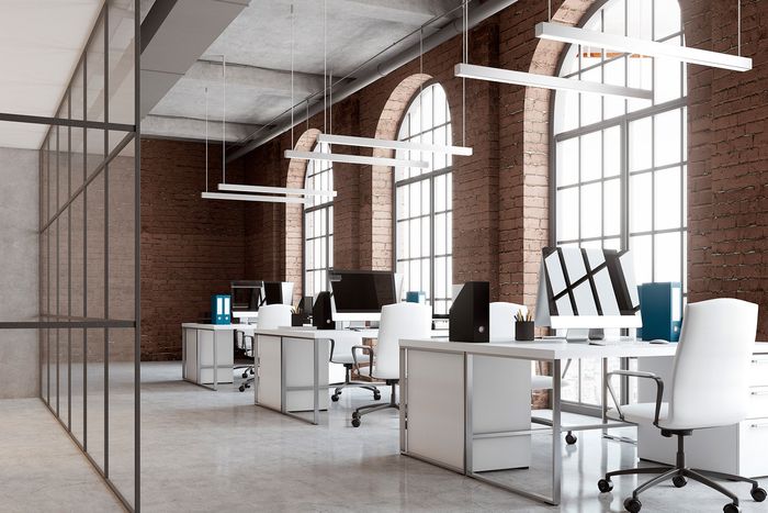 Brick office, arch windows, computers side