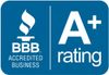 BBB logo with A+ rating. Blue square with a flame icon and