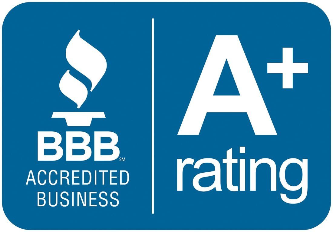 BBB logo with A+ rating. Blue square with a flame icon and 