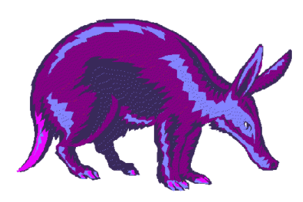 A drawing of a purple aardvark on a white background