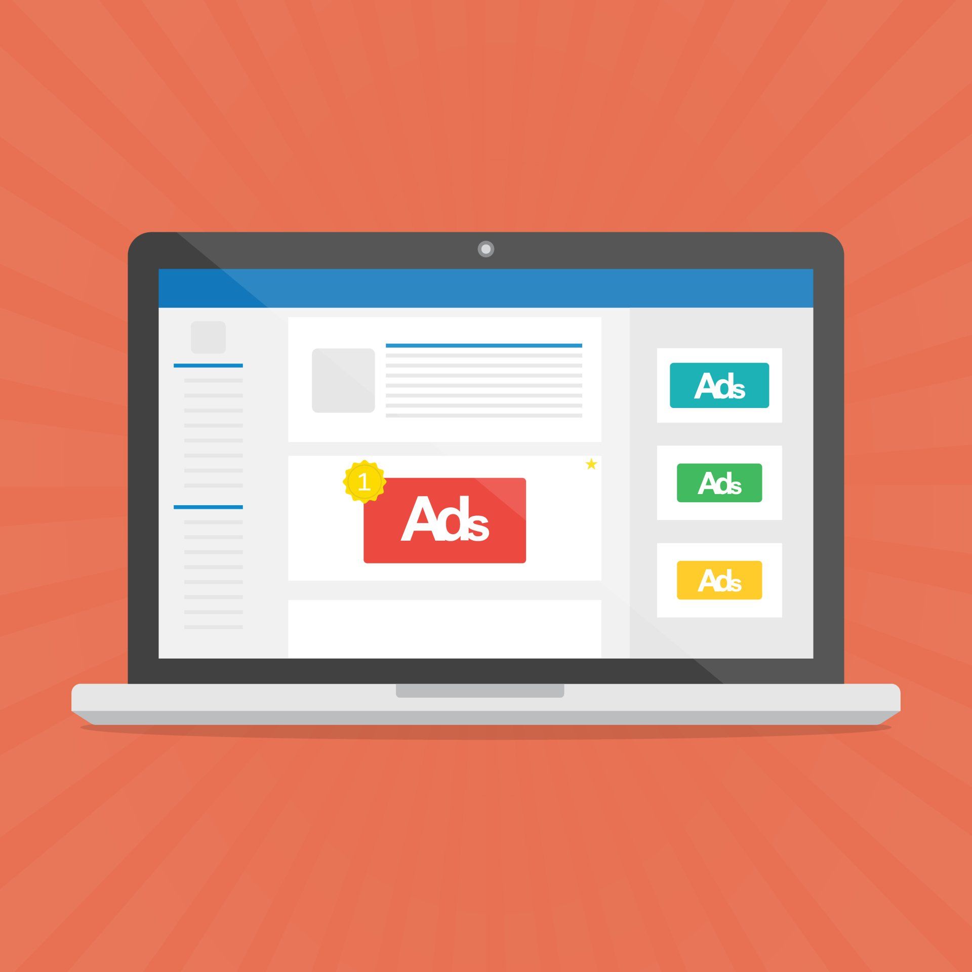 Google Ads Management Company: Laptop screen showing online ads in colorful boxes on a coral background