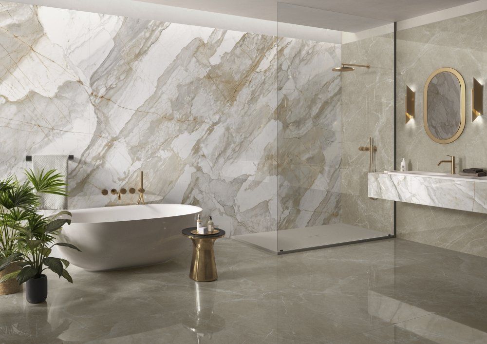 pavimento e rivestimento bagno in gres porcellanato effetto marmo di saime ceramiche serie cave