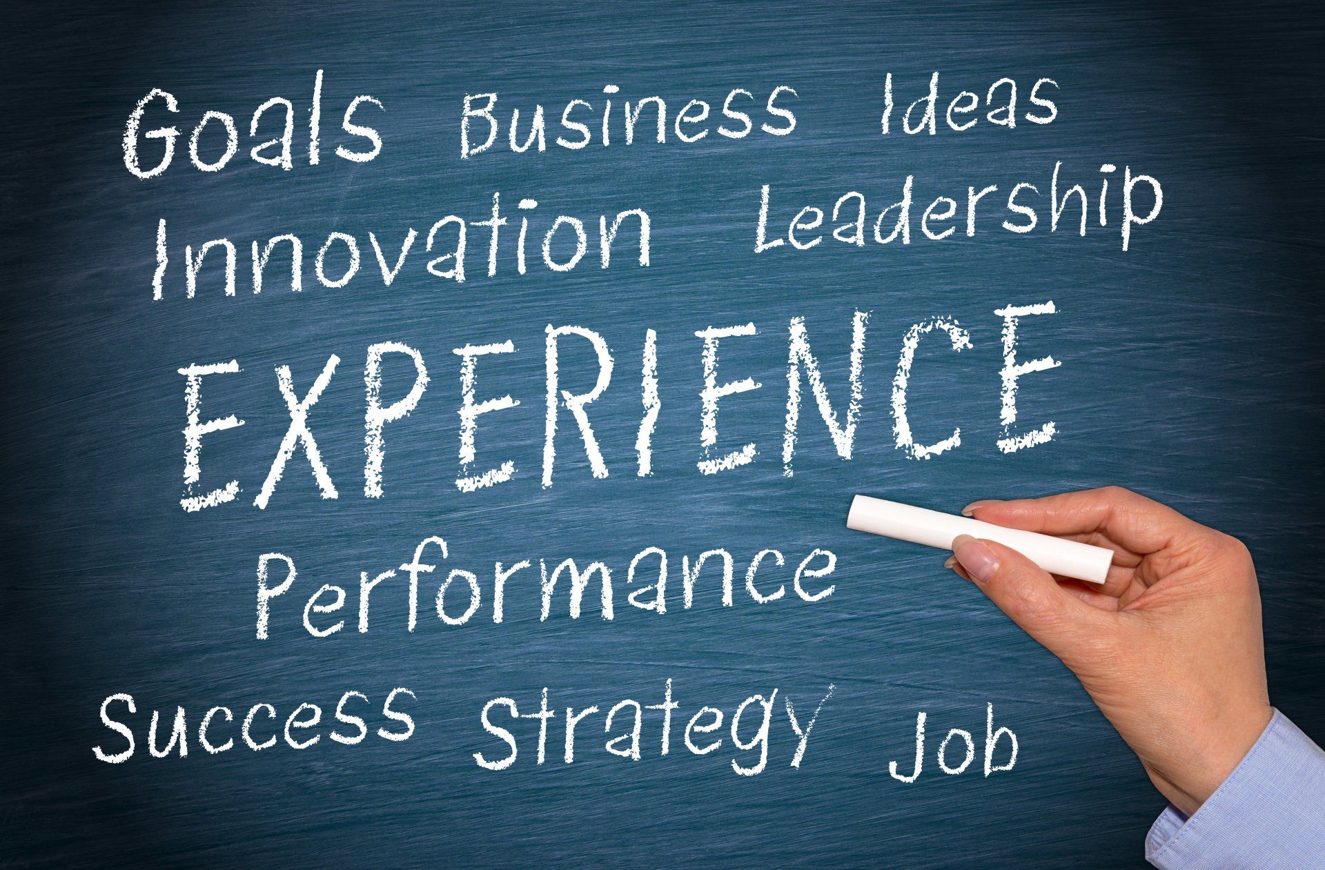A person is writing the word experience on a blackboard