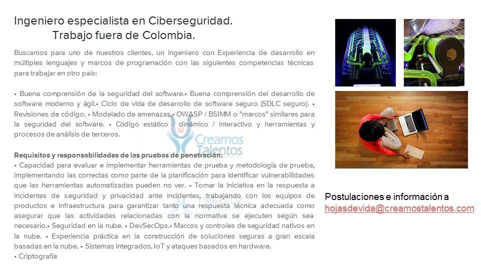 Oferta de empleo: Ingeniero de ciberseguridad para Colombia. Requisitos