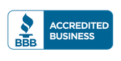 The bbb logo is blue and white and says accredited business.