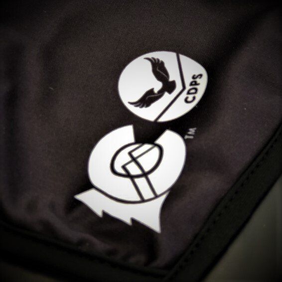 A close up of a cdps logo on a black shirt
