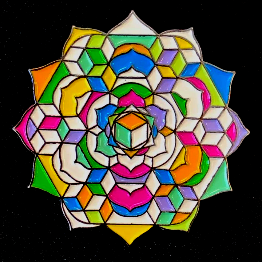 A colorful stained glass design on a black background