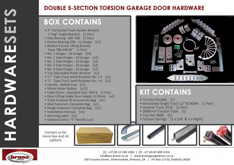 Product catalogue of garage door hardware and spare parts showing Torsion Hardware Set