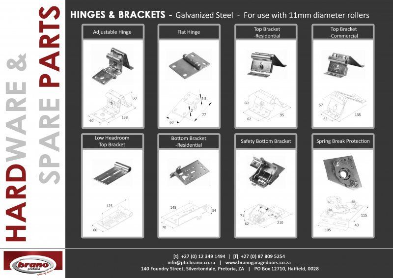 Product catalogue of garage door hardware and spare parts showing hinges and brackets