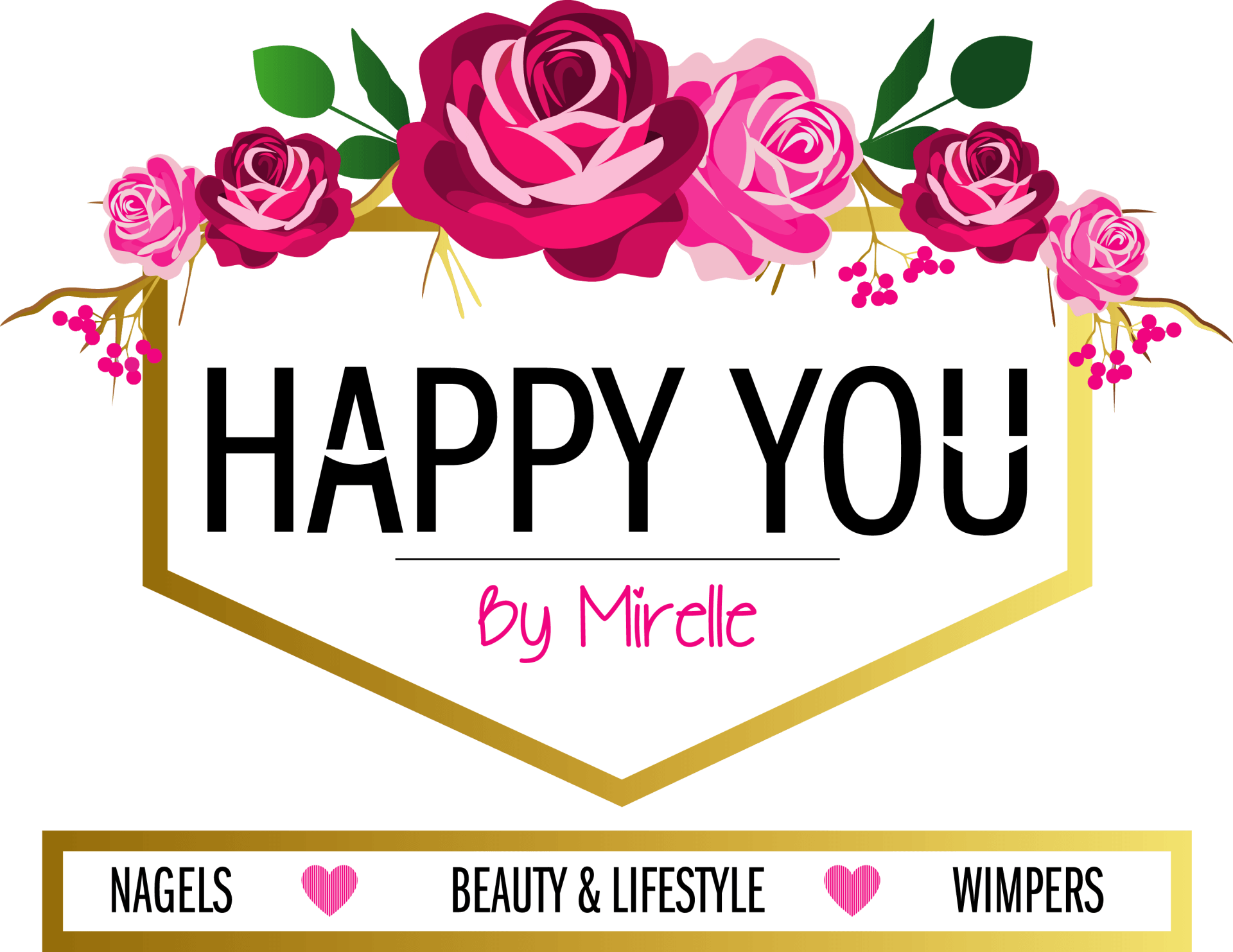 Een logo voor happy you van mirelle met roze rozen op een witte achtergrond.