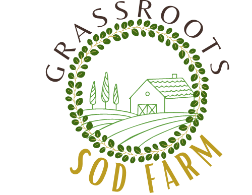 The logo for grassroots sod farm shows a house in the middle of a field surrounded by trees.