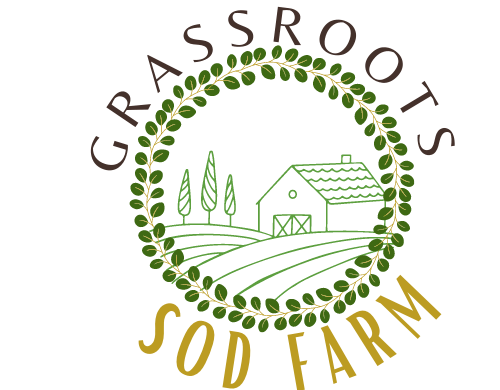 The logo for grassroots sod farm shows a barn in the middle of a field surrounded by trees.